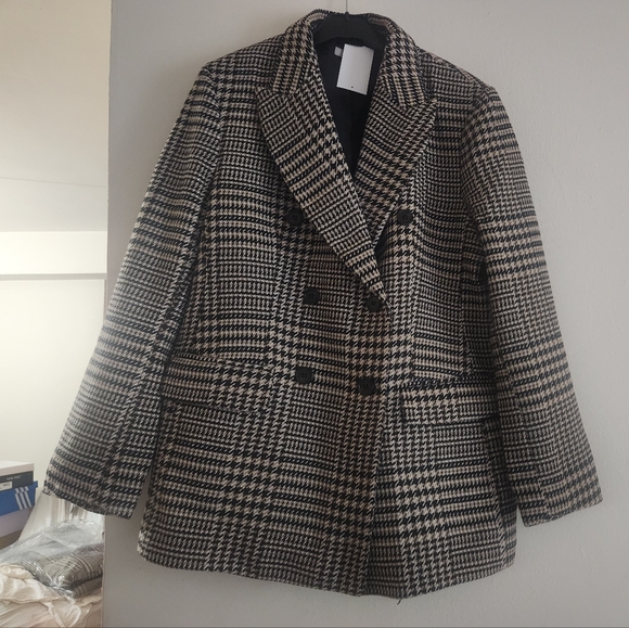 H&M Oversized Double-Breasted Plaid Blazer. Beige/black/white, Checked BNWT - Picture 4 of 16